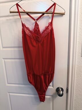 Forever 21 Red Satin Lace-Trim Chemise Bodysuit